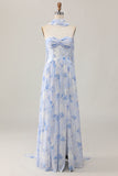 Blue Flower Strapless A Line Printed Long Bridesmaid Dress with Slit