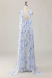 Blue Flower Strapless A Line Printed Long Bridesmaid Dress with Slit