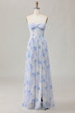 Blue Flower Strapless A Line Printed Long Bridesmaid Dress with Slit
