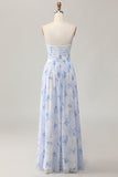 Blue Flower Strapless A Line Printed Long Bridesmaid Dress with Slit