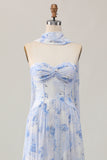 Blue Flower Strapless A Line Printed Long Bridesmaid Dress with Slit