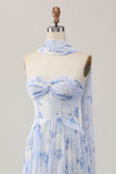 Blue Flower Strapless A Line Printed Long Bridesmaid Dress with Slit