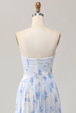 Blue Flower Strapless A Line Printed Long Bridesmaid Dress with Slit