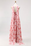Dusty Rose Flower Printed Sweetheart Long Bridesmaid Dress with Slit