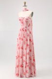 Dusty Rose Flower Printed Sweetheart Long Bridesmaid Dress with Slit