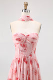 Dusty Rose Flower Printed Sweetheart Long Bridesmaid Dress with Slit
