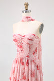 Dusty Rose Flower Printed Sweetheart Long Bridesmaid Dress with Slit