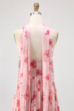 Dusty Rose Flower Printed Sweetheart Long Bridesmaid Dress with Slit