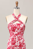 Red Flower Mermaid Halter Printed Midi Wedding Guest Dress