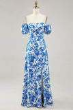 Blue Floral Off The Shoulder Long Bridesmaid Dress with Slit