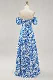 Blue Floral Off The Shoulder Long Bridesmaid Dress with Slit