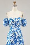 Blue Floral Off The Shoulder Long Bridesmaid Dress with Slit