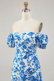 Blue Floral Off The Shoulder Long Bridesmaid Dress with Slit