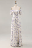 Blue Flower A Line Printed Long Bridesmaid Dress with Slit