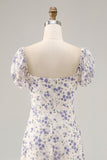 Blue Flower A Line Printed Long Bridesmaid Dress with Slit