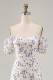 Blue Flower A Line Printed Long Bridesmaid Dress with Slit