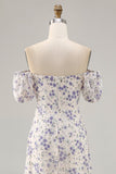 Blue Flower A Line Printed Long Bridesmaid Dress with Slit