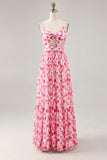 Blue Printed Floral Spaghetti Straps Long bridesmaid Dress