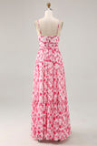 Blue Printed Floral Spaghetti Straps Long bridesmaid Dress