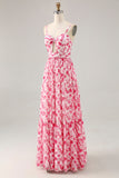 Blue Printed Floral Spaghetti Straps Long bridesmaid Dress
