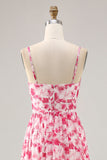 Blue Printed Floral Spaghetti Straps Long bridesmaid Dress