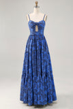 Blue Floral A Line Spaghetti Straps Long Bridesmaid Dress with Keyhole