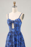 Blue Floral A Line Spaghetti Straps Long Bridesmaid Dress with Keyhole
