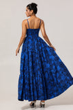 Dark Blue Jacquard A Line Spaghetti Straps Cut Out Prom Dress