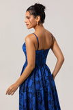 Dark Blue Jacquard A Line Spaghetti Straps Cut Out Prom Dress