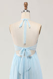Sky Blue Halter Neck A Line Long Bridesmaid Dress