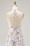 Blue Floral A Line Halter Neck Long Printed Bridesmaid Dress