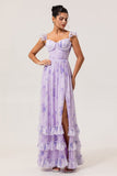 Lavender Flower A Line Printed Ruffled Corset Bridesmaid Dress with Slit