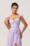 Lavender Flower A Line Printed Ruffled Corset Bridesmaid Dress with Slit