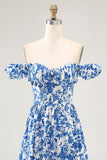 Off The Shoulder Ruffled Blue Floral Corset Long Wedding Guest Dress with Slit