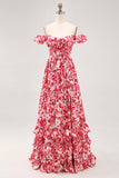 Off The Shoulder Ruffled Blue Floral Corset Long Wedding Guest Dress with Slit