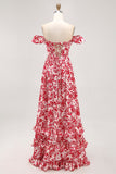Off The Shoulder Ruffled Blue Floral Corset Long Wedding Guest Dress with Slit