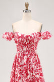 Off The Shoulder Ruffled Blue Floral Corset Long Wedding Guest Dress with Slit