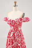 Off The Shoulder Ruffled Blue Floral Corset Long Wedding Guest Dress with Slit
