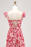 Off The Shoulder Ruffled Blue Floral Corset Long Wedding Guest Dress with Slit