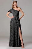 One Shoulder Black A-Line Long Choir Dress with Slit