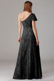 One Shoulder Black A-Line Long Choir Dress with Slit