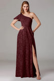Dusty Blue A-Line One Shoulder Long Bridesmaid Dress with Slit