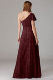 Dusty Blue A-Line One Shoulder Long Bridesmaid Dress with Slit