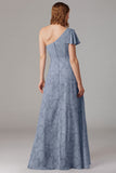 Dusty Blue A-Line One Shoulder Long Bridesmaid Dress with Slit