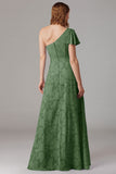 Dusty Blue A-Line One Shoulder Long Bridesmaid Dress with Slit
