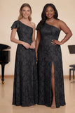 One Shoulder Black A-Line Long Choir Dress with Slit
