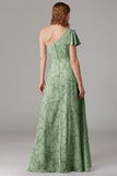 Dusty Blue A-Line One Shoulder Long Bridesmaid Dress with Slit