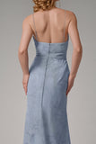 Dusty Blue Sheath Spaghetti Straps Sheath Bridesmaid Dress with Slit