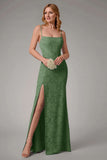 Dusty Blue Sheath Spaghetti Straps Sheath Bridesmaid Dress with Slit