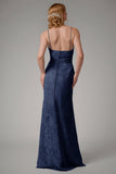 Dusty Blue Sheath Spaghetti Straps Sheath Bridesmaid Dress with Slit